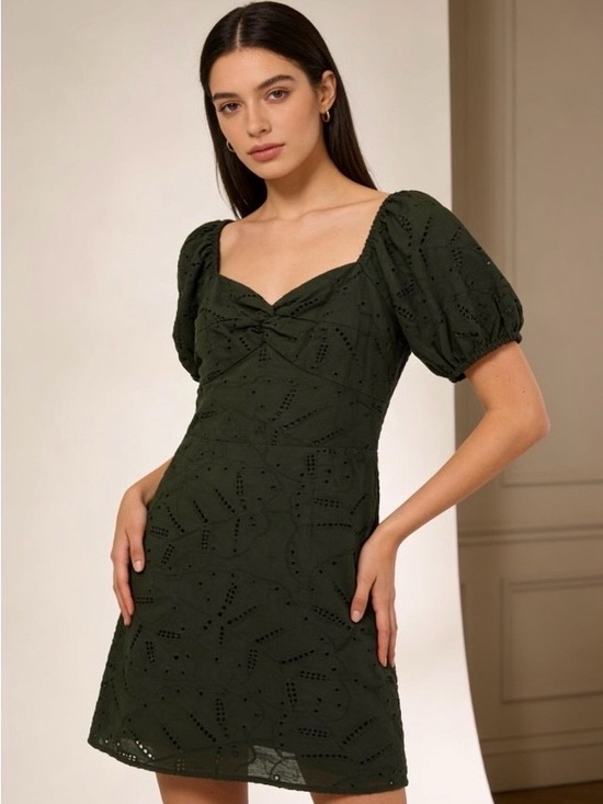 LC Lauren Conrad Dresses & Skirts - LC Lauren Conrad Petites Eyelet Mini Dress Puff Sleeve Olive Green Size PM NWT